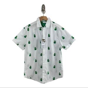 Leprechaun Button Up Shirt Denim & Flower Short Sleeved Irish Shirt Men's Sz S